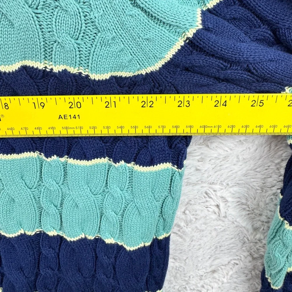 Lands' End Drifter Sweater Womens XL Blue Teal Striped Cable Knit Cotton Preppy